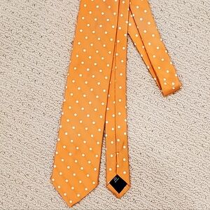 Paul Fredrick Made in Italy 100% Silk Tie Orange White Polkadot, EUC